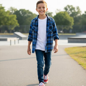 Tony Hawk 100% Cotton Flannel Cobalt Blue Plaid Shirt Size XL (13-14)